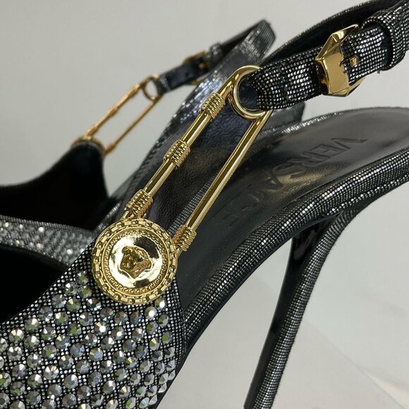 Versace Silver Gold Black Leather Bling Embellished Slingback Pumps 35.5 / US 5 - Picture 5 of 15